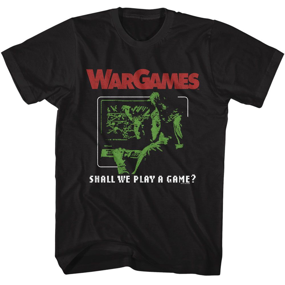 Black WarGames T-shirt featuring green computer screen graphic and Shall We Play A Game quote
