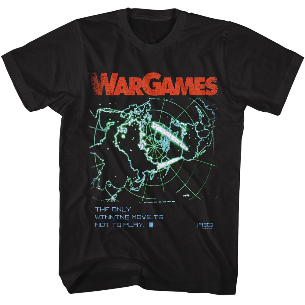 Black WarGames T-shirt featuring green global radar map graphic and The Only Winning Move Is Not To Play quote