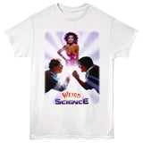 White T-shirt featuring Weird Science movie artwork with Lisa glowing above Gary and Wyatt