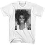 White Whitney Houston T-shirt featuring a black and white smiling portrait with a signature-style Whitney script overlay
