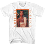 White Whitney Houston T-shirt featuring the classic portrait of her from her debut album in 1985 with vertical Whitney Houston lettering on both sides