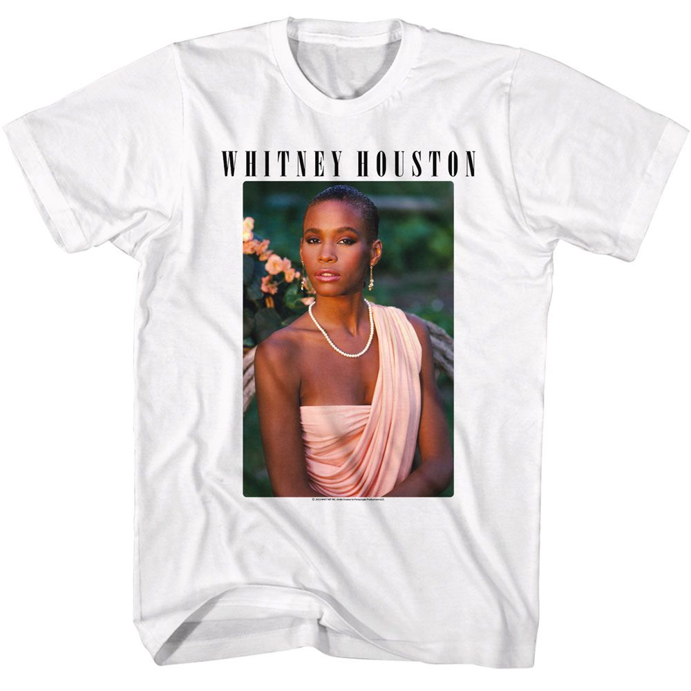 White Whitney Houston T-shirt featuring a classic portrait image with Whitney Houston printed above from her debut album in 1985