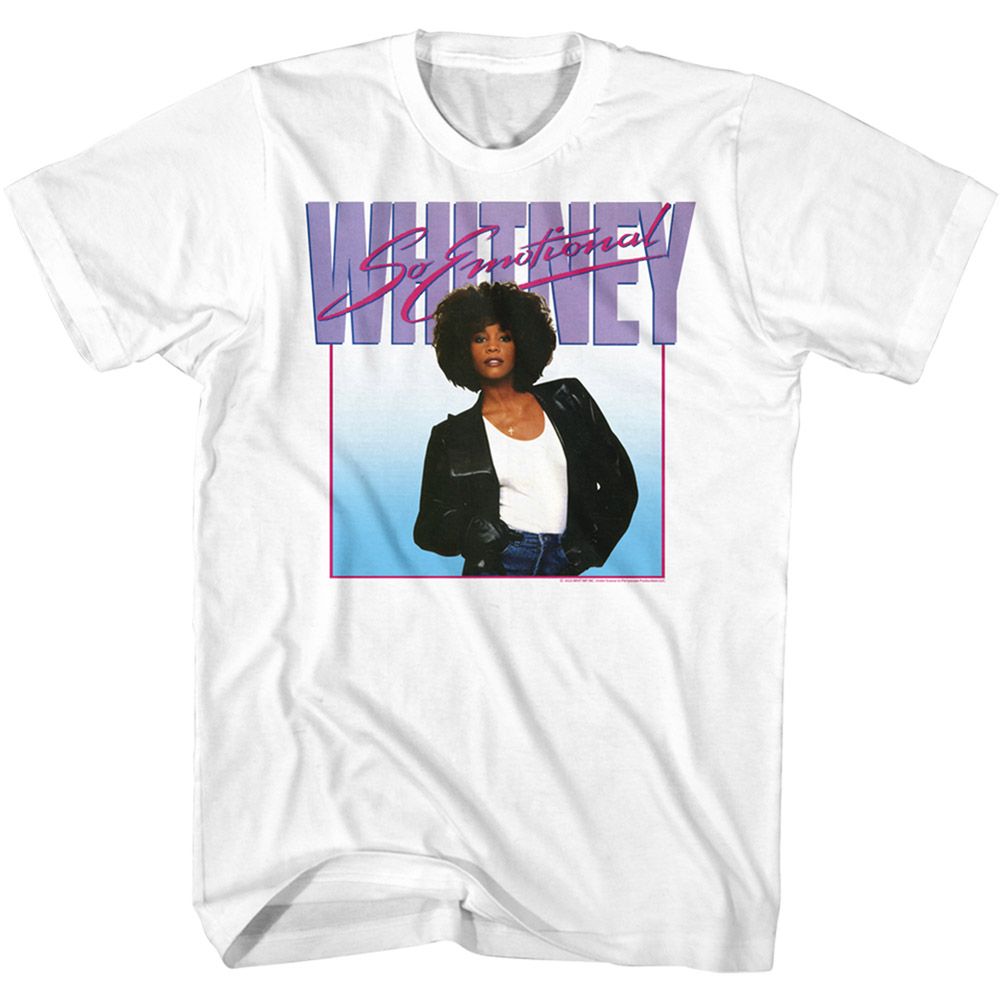 White Whitney Houston T-shirt featuring a So Emotional album-style image with bold purple lettering and pink script text