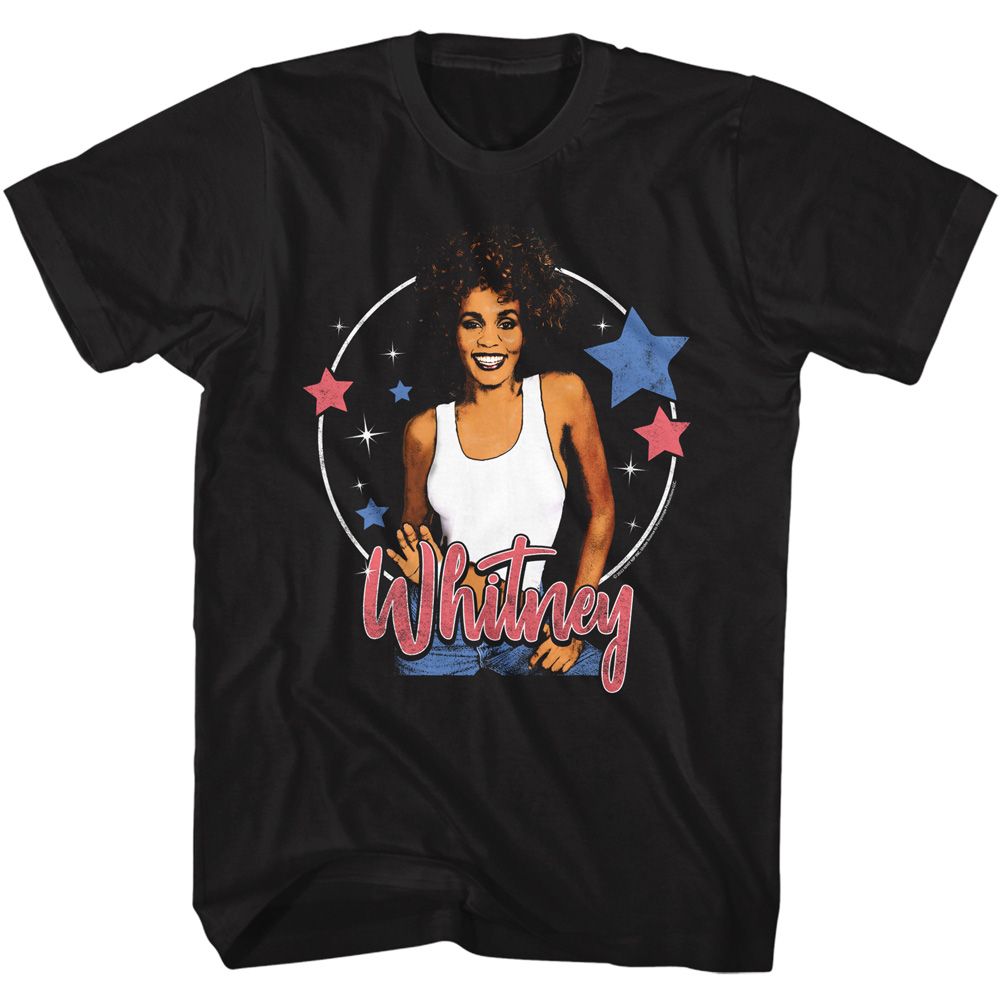 Black Whitney Houston T-shirt featuring a colorful portrait framed by stars and circular graphic accents with Whitney script lettering