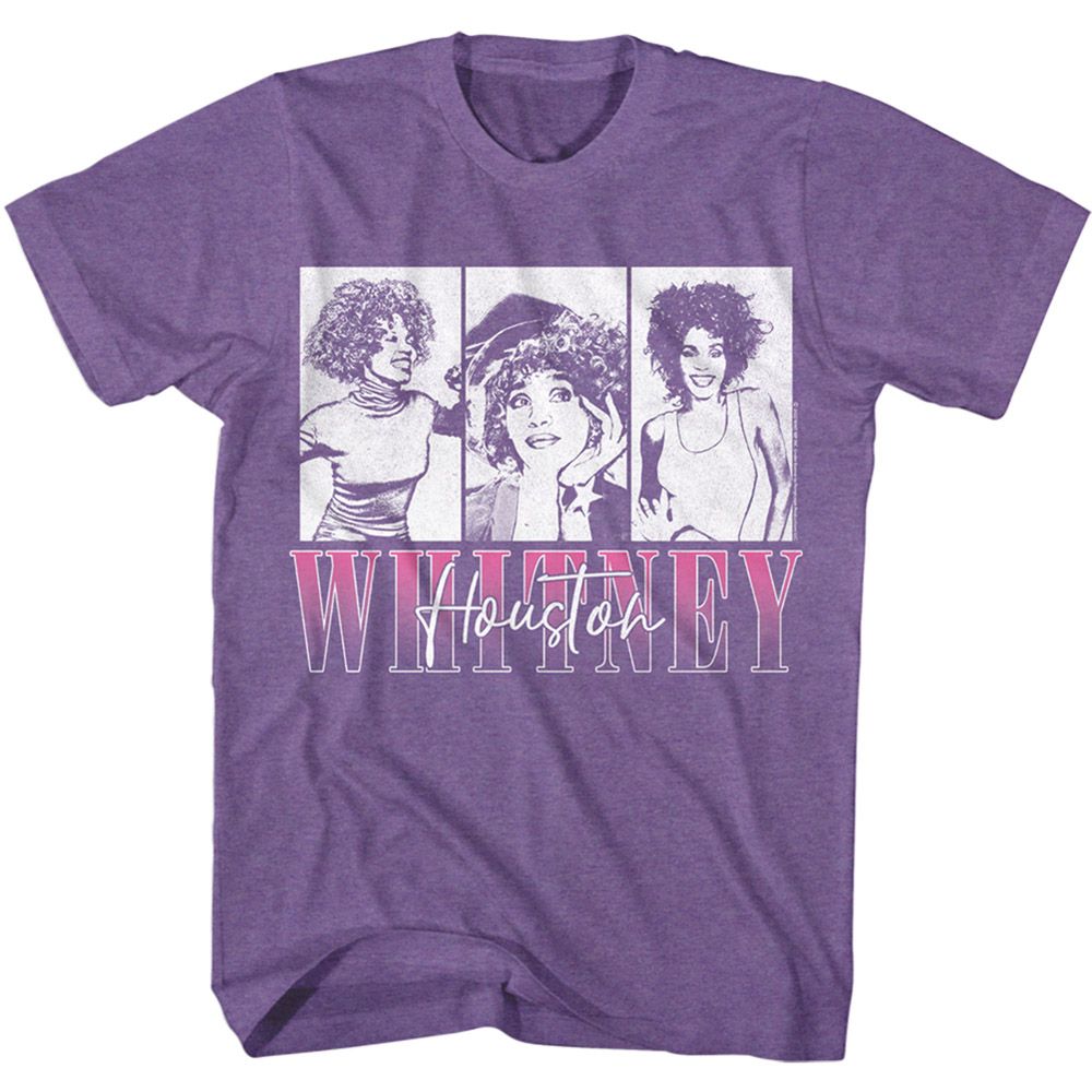 Purple Whitney Houston T-shirt featuring three black and white portrait panels with large Whitney Houston lettering below