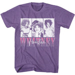 Purple Whitney Houston T-shirt featuring three black and white portrait panels with large Whitney Houston lettering below