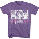 Purple Whitney Houston T-shirt featuring three black and white portrait panels with large Whitney Houston lettering below