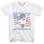 White Whitney Houston T-shirt featuring a stylized portrait with American flag background and blue script lettering