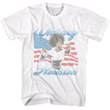 White Whitney Houston T-shirt featuring a stylized portrait with American flag background and blue script lettering