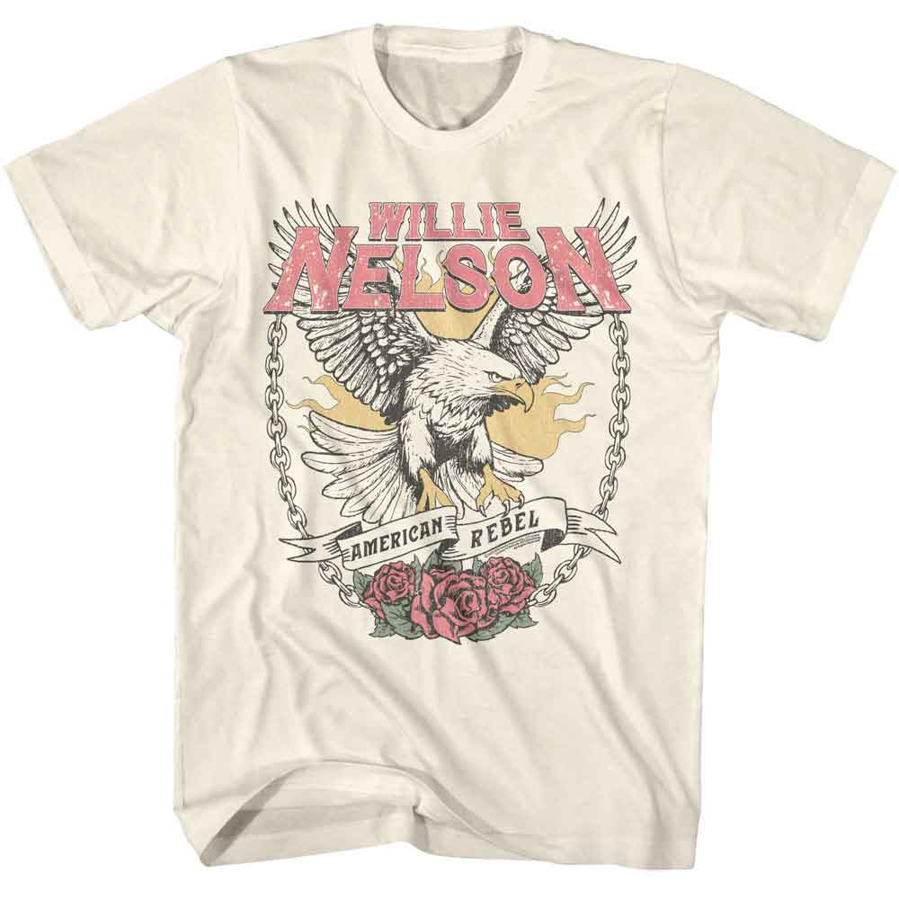 Cream-colored T-shirt featuring a distressed Willie Nelson American Rebel design with a soaring eagle, chains, and roses in a vintage Americana style.