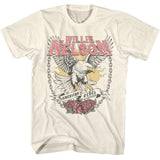 Cream-colored T-shirt featuring a distressed Willie Nelson American Rebel design with a soaring eagle, chains, and roses in a vintage Americana style.