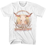 White T-shirt featuring a vintage Willie Nelson design with a steer skull, desert landscape, and “On the Road Again” text.