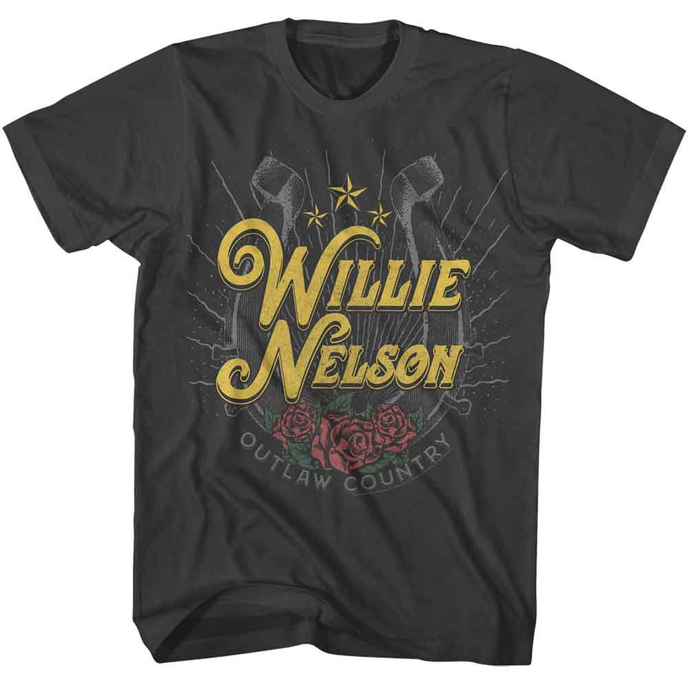 Black T-shirt featuring a vintage Willie Nelson “Outlaw Country” design