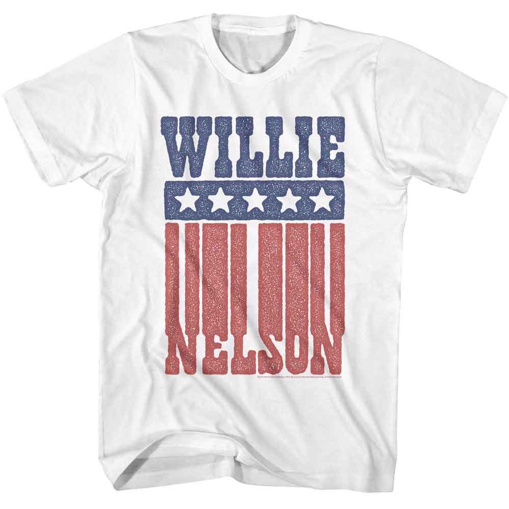 White T-shirt featuring a distressed Willie Nelson name design styled like the American flag with stars and red stripes.