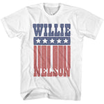 White T-shirt featuring a distressed Willie Nelson name design styled like the American flag with stars and red stripes.