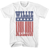 White T-shirt featuring a distressed Willie Nelson name design styled like the American flag with stars and red stripes.
