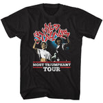 Black T-shirt featuring Bill and Ted with raised fists under the red Wyld Stallyns logo and the words Most Triumphant Tour
