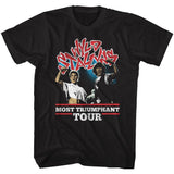 Black T-shirt featuring Bill and Ted with raised fists under the red Wyld Stallyns logo and the words Most Triumphant Tour