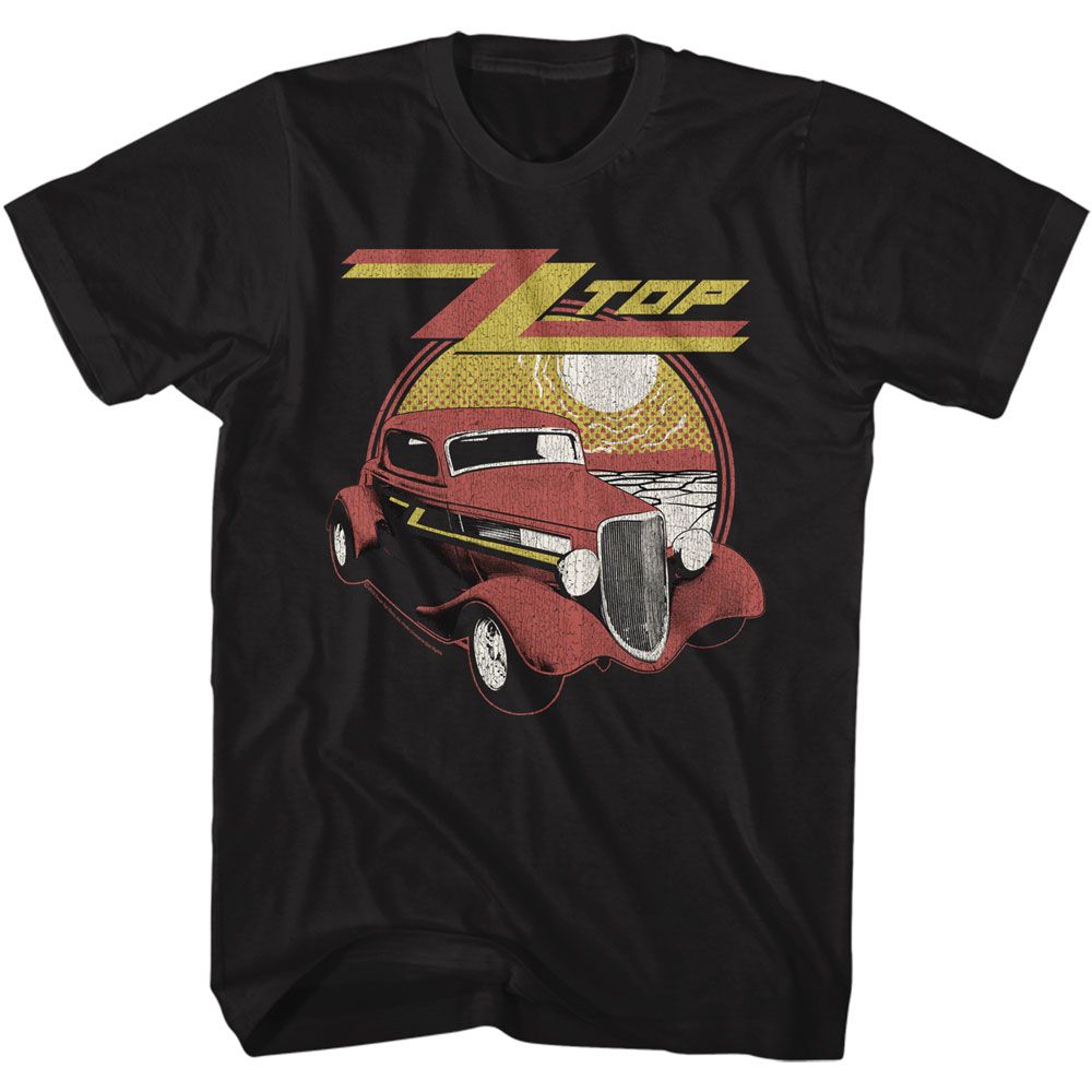 Black T-shirt featuring a vintage-style red hot rod illustration with the ZZ Top logo and a retro sunset background.
