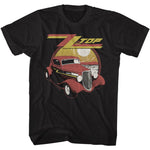 Black T-shirt featuring a vintage-style red hot rod illustration with the ZZ Top logo and a retro sunset background.