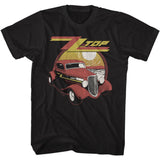 Black T-shirt featuring a vintage-style red hot rod illustration with the ZZ Top logo and a retro sunset background.