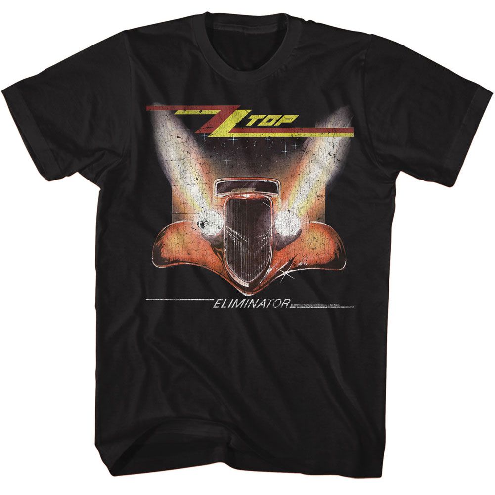 Black T-shirt featuring the ZZ Top Eliminator hot rod front view with glowing headlights and distressed vintage artwork.