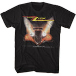 Black T-shirt featuring the ZZ Top Eliminator hot rod front view with glowing headlights and distressed vintage artwork.