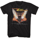 Black T-shirt featuring the ZZ Top Eliminator hot rod front view with glowing headlights and distressed vintage artwork.