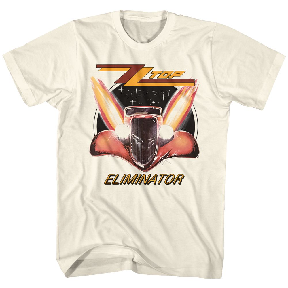 Cream-colored T-shirt featuring the ZZ Top Eliminator hot rod artwork with glowing headlights and stylized flame wings against a starry background.