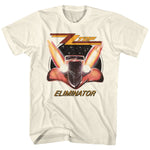 Cream-colored T-shirt featuring the ZZ Top Eliminator hot rod artwork with glowing headlights and stylized flame wings against a starry background.