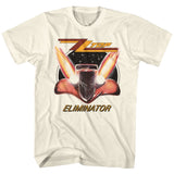 Cream-colored T-shirt featuring the ZZ Top Eliminator hot rod artwork with glowing headlights and stylized flame wings against a starry background.