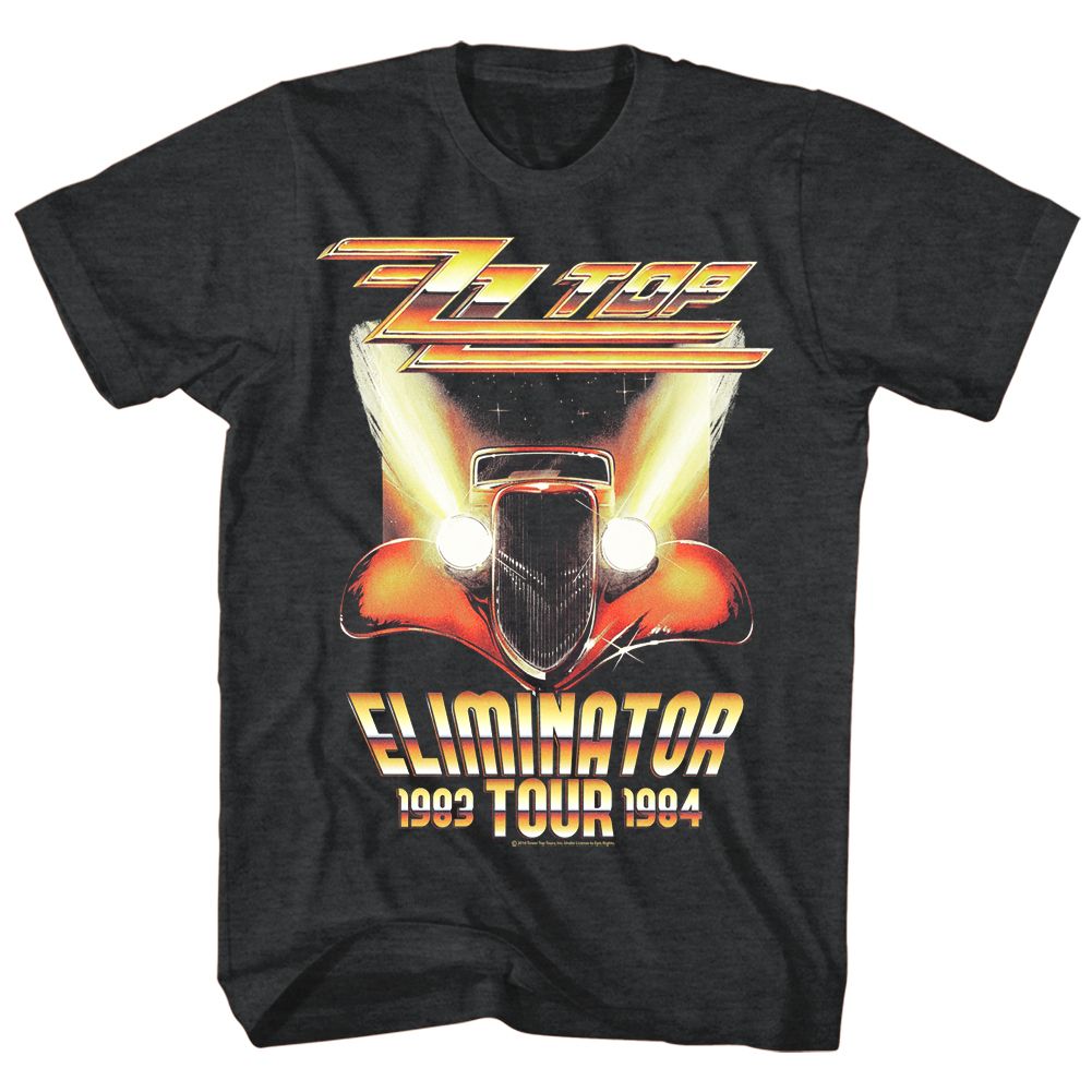 Dark heather T-shirt featuring the ZZ Top Eliminator hot rod with glowing headlights and 1983–1984 tour text.