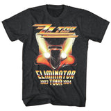 Dark heather T-shirt featuring the ZZ Top Eliminator hot rod with glowing headlights and 1983–1984 tour text.