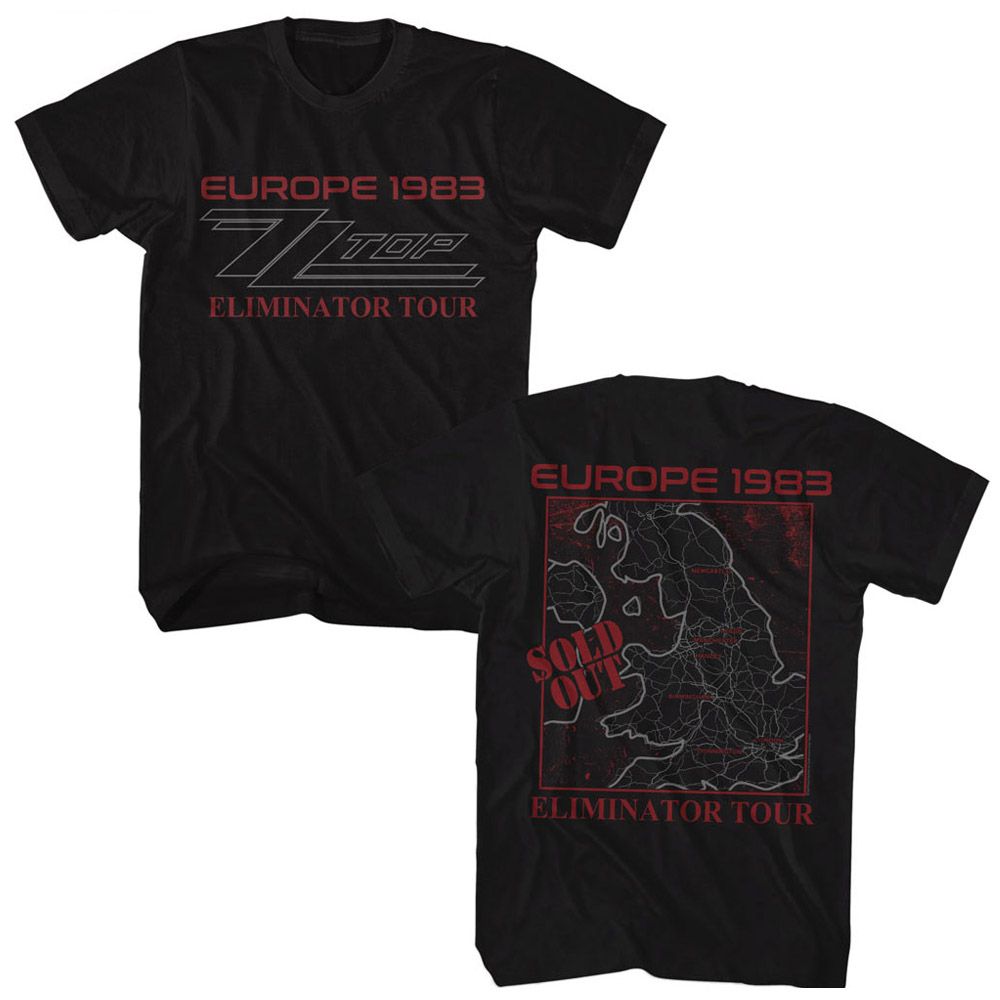 Black T-shirt featuring ZZ Top Europe 1983 Eliminator Tour text on the front and a sold-out European tour map graphic on the back.