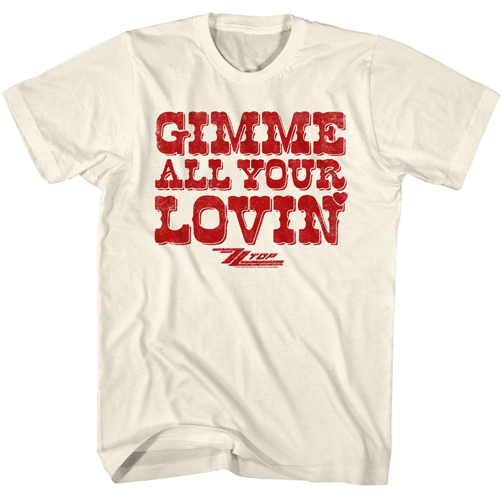 Cream-colored T-shirt featuring distressed red “Gimme All Your Lovin’” ZZ Top text graphic.