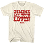 Cream-colored T-shirt featuring distressed red “Gimme All Your Lovin’” ZZ Top text graphic.