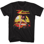 Black T-shirt featuring a vintage ZZ Top “Legs” inspired graphic with a hot rod car and stylized female silhouette in red and yellow tones.