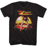 Black T-shirt featuring a vintage ZZ Top “Legs” inspired graphic with a hot rod car and stylized female silhouette in red and yellow tones.